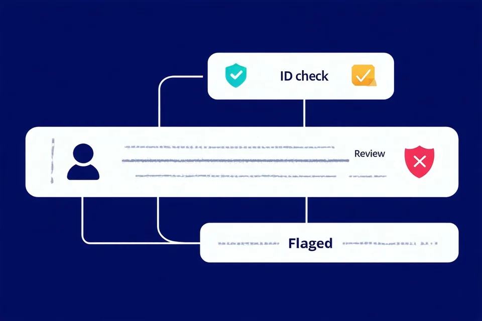 Stylized KYC verification flow showing an applicant icon flowing through identity check, document authentication, AML screening, and risk output chips — Verified, Review, and Flagged statuses in teal, amber, and red