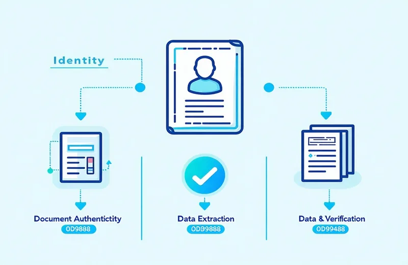 Visual concept showing identity document verification flow with document icon, data extraction markers, and verification status