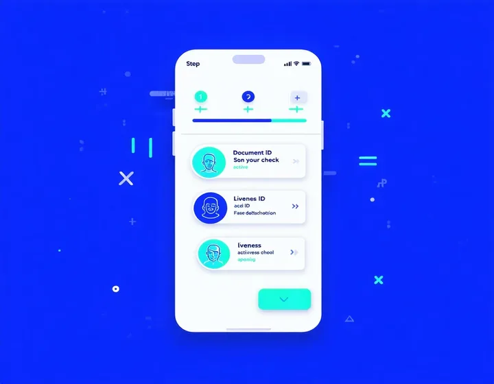 Mobile app onboarding flow with KYC identity verification steps shown on a stylized smartphone screen